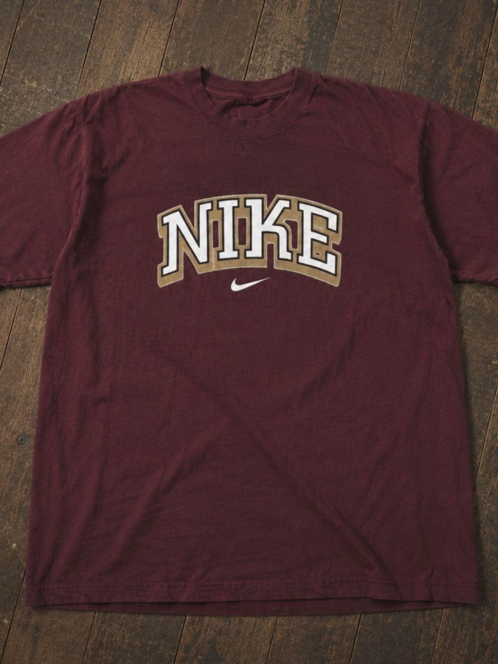 Nike Maroon Short Sleeve Tee with Gold-Trim Logo reprint shirt